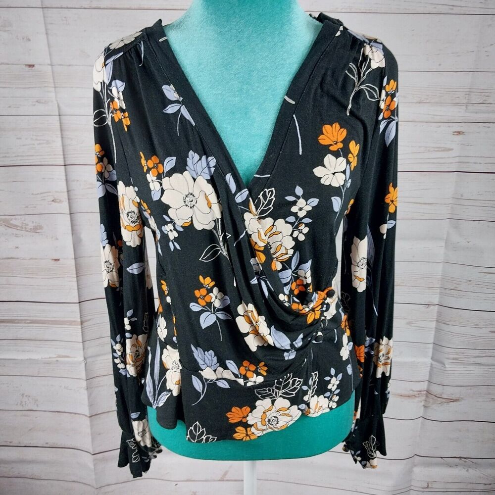 Free People Womens Saturday Night Black White Dark Floral Faux Wrap Top Size M